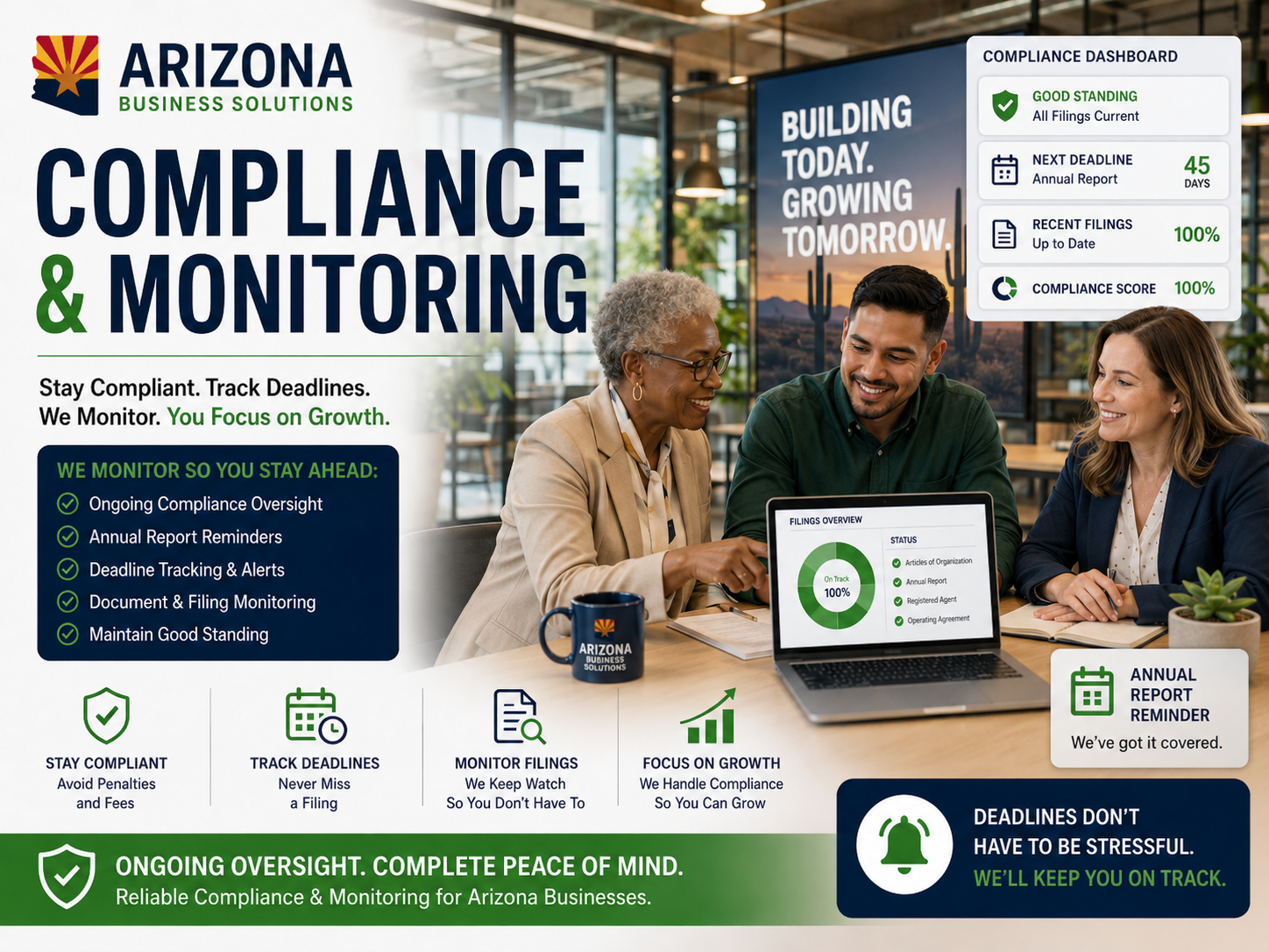 Arizona business filing monitoring — compliance dashboard and deadline tracking